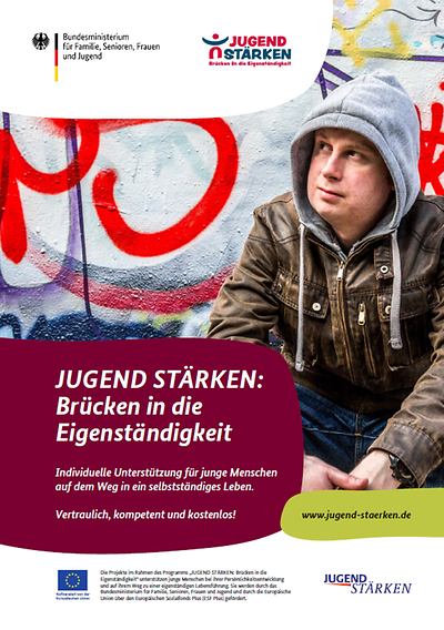 Plakat zum ESF Plus-Programm "JUGEND STÄRKEN: Brücken in die Eigenständigkeit"