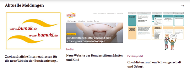 Screenshot der Aktuellen Meldungen auf der Startseite