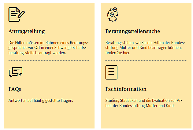 Screenshot der Infoboxen auf der Startseite